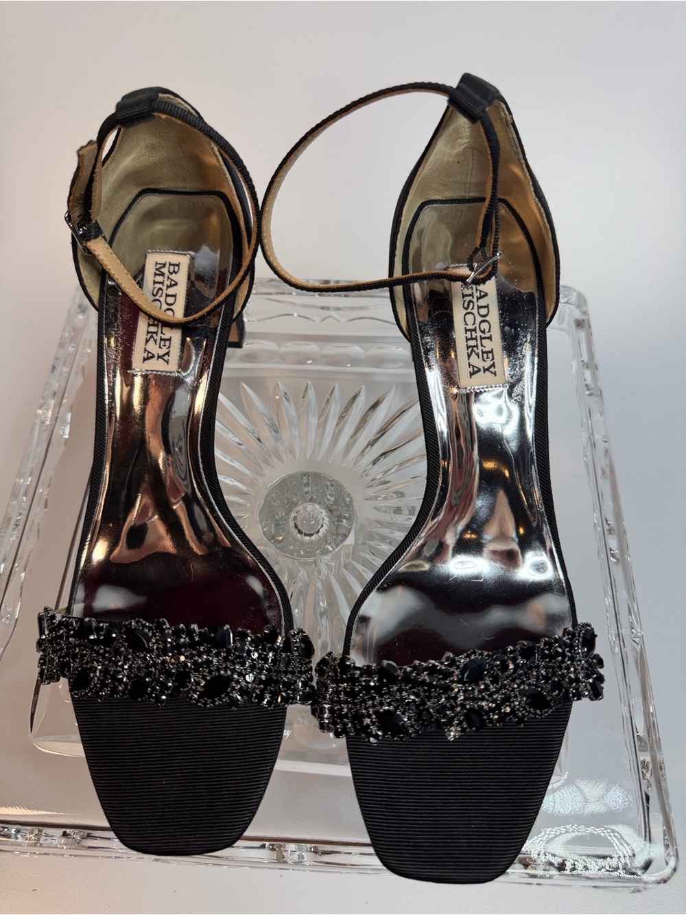 Badgley Mischka Black Beaded Open-Toe Ankle-Strap Heels